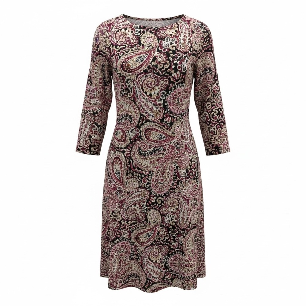J Jill Wearever Knit Pleat Back Dress Women L Multicolor Paisley Boho Pockets